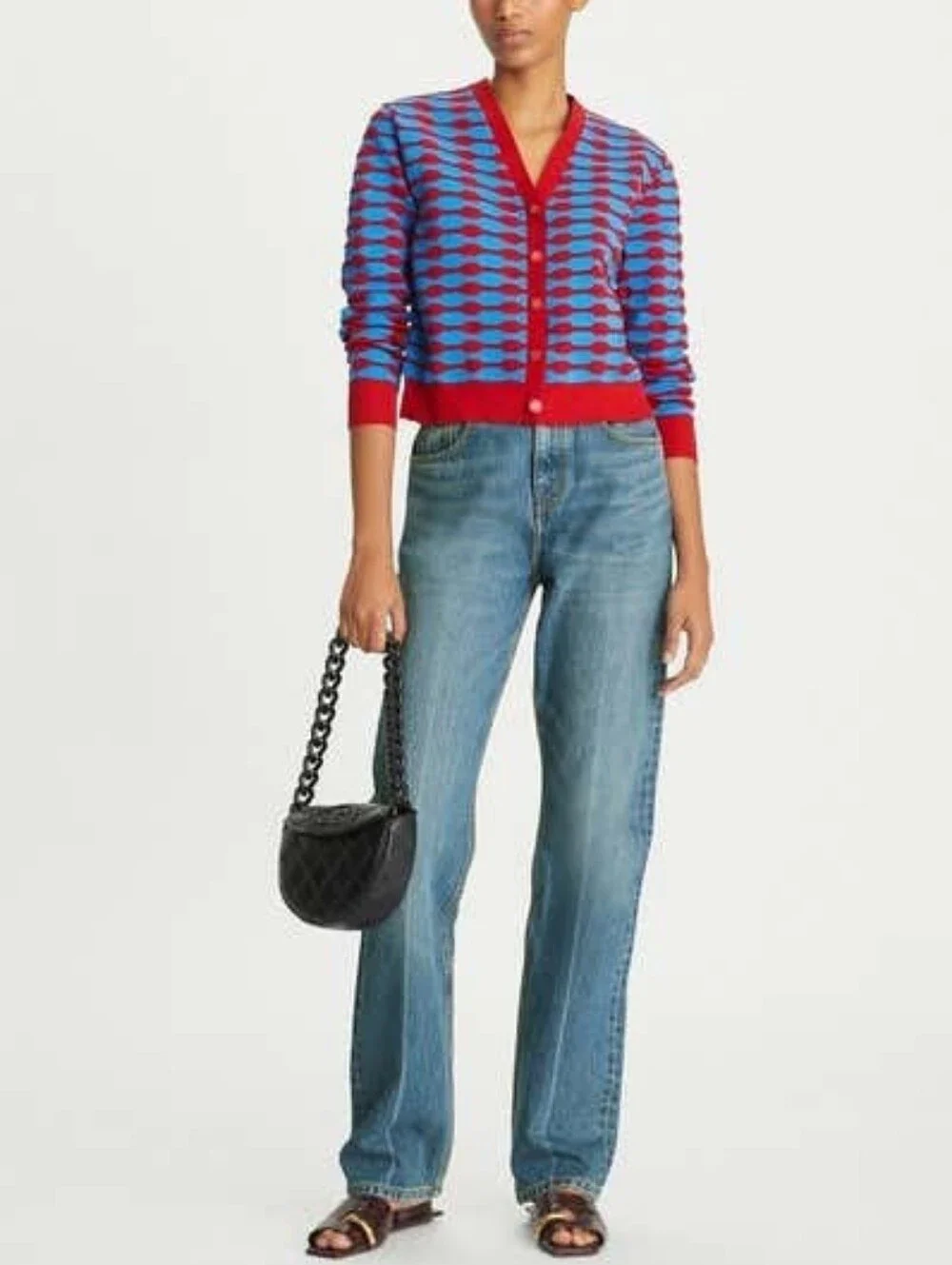 LIKE NEW Tory Burch Red & Blue Bubble Stripe Long Sleeve Cardigan Size XS
